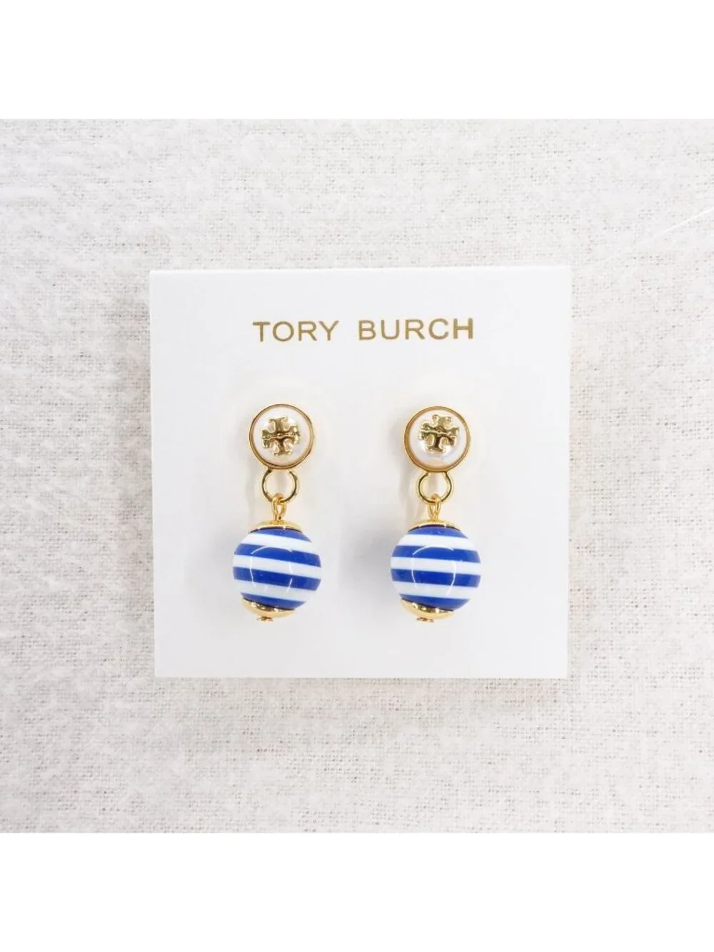 Tory Burch Saher Logo Drop Earrings Blue and White OS